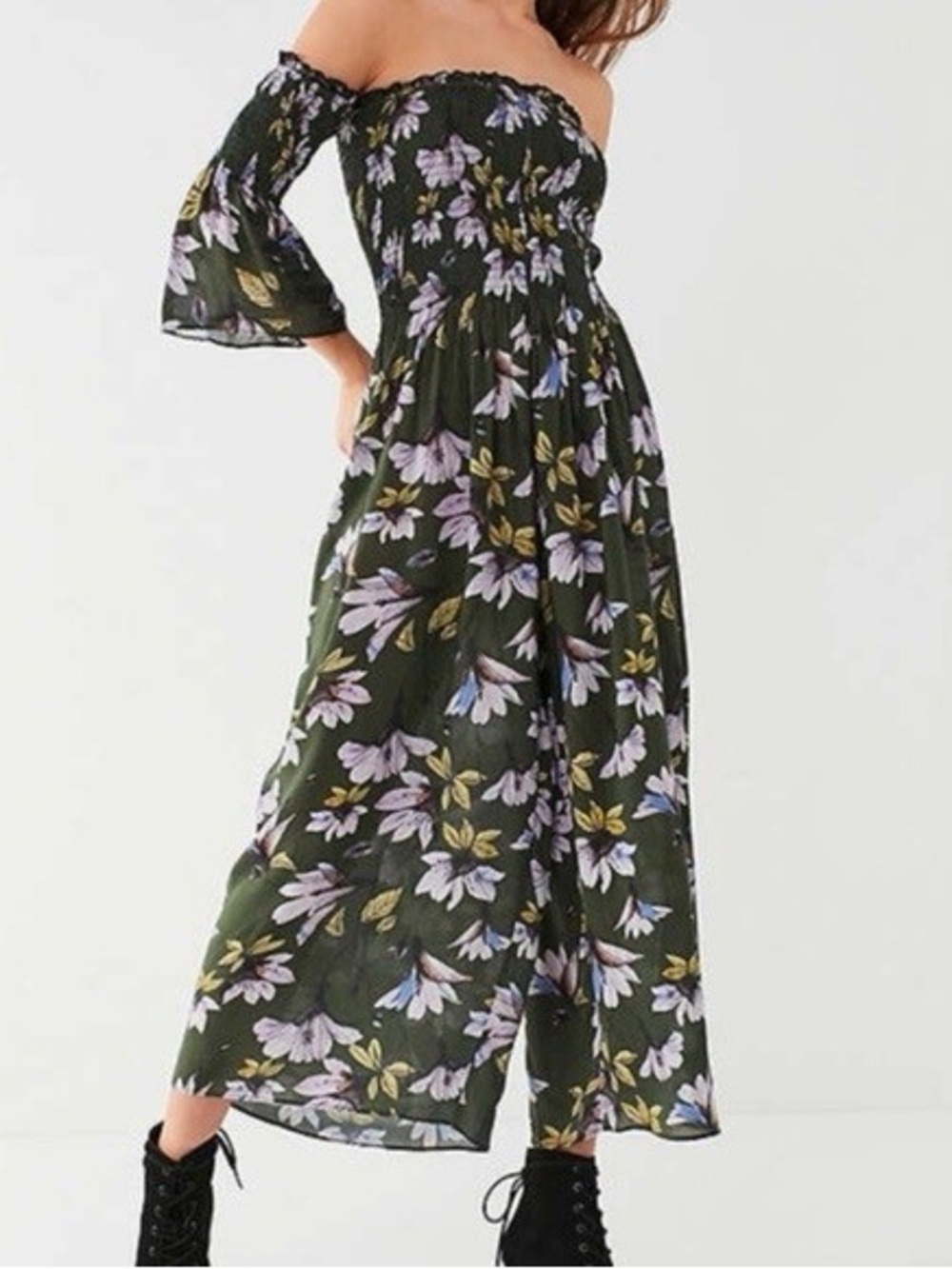Urban Outfitters Dark Green Floral Off-Shoulder Jumpsuit with Lavender Blooms